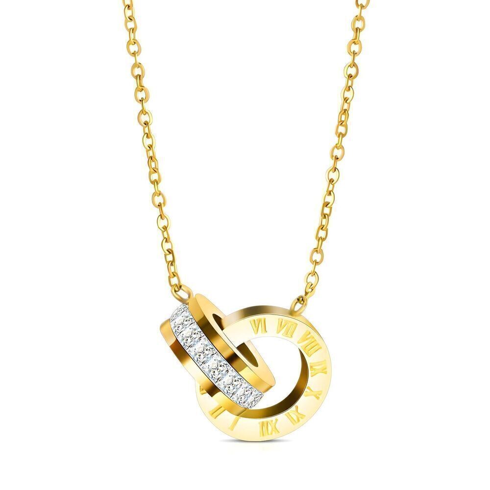 18K Gold Plated Stainless Steel Necklace Roman Numeral Dual Charm Waterproof